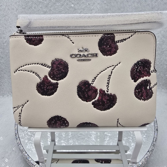 Coach Handbags - Coach Corner Zip Sequined Cherry Print Wristlet Smooth Leather Chalk & Silver